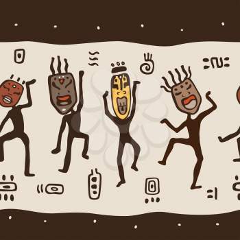 Dancing figures wearing African masks.  Primitive art. Seamless Vector Illustration.