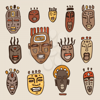 African Masks set. Ethnic Hand Drawn vector illustration.
