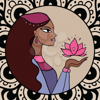 Beautiful indian woman with lotus. Vector Illustration.
