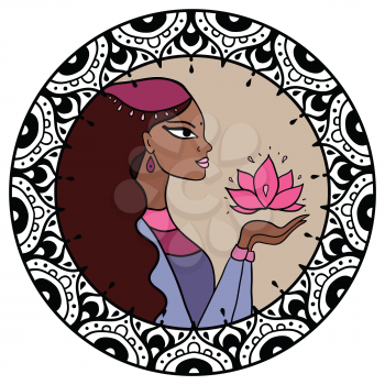Beautiful indian woman with lotus. Vector Illustration.