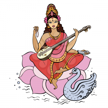 Hindu Goddess Saraswati. Vector hand drawn illustration.