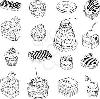 Set of cute cake. Outline Vector illustration