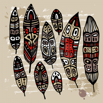 Ethnic Feather vector set. Hand drawn illustration.