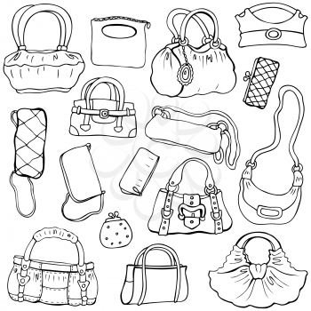 Collection design women's handbags. Hand drawn vector isolated. Set 2.