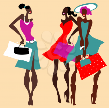Retro fashion women with bags. Vector Illustration.