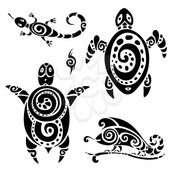 Turtle. Polynesian tattoo. Tribal pattern set. Vector illustration.