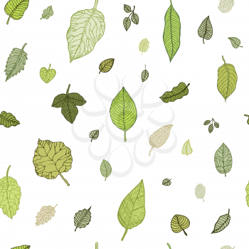 Green leaf. Hand drawn seamless pattern. Vector background.