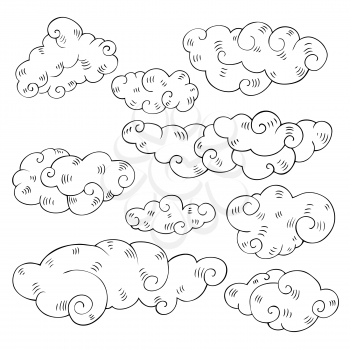 Vintage clouds set. Hand drawn vector illustration. Design element.