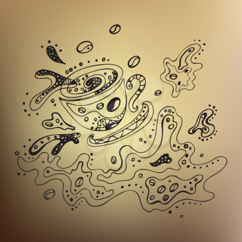 Overturned cup of coffee. Hand Drawn vector pattern.