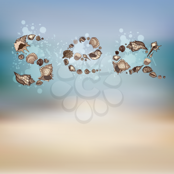 Sea inscription. Text formed of Sea shells. Vector background.