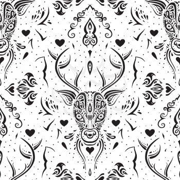 Deer head. Polynesian tribal pattern. Seamless Vector background.