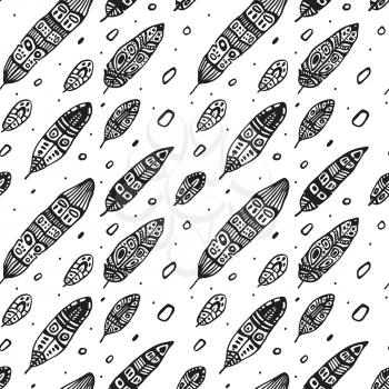 Vintage Feathers, seamless background. Hand drawn illustration.
