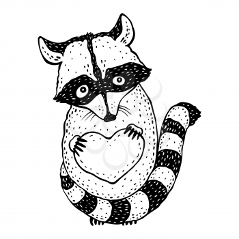 Raccoon carrying a heart.  Cartoon Hand drawn illustration.