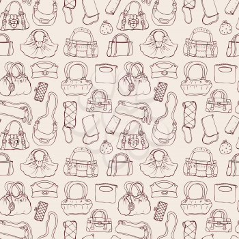 Background of women handbags. Hand drawn vector pattern.