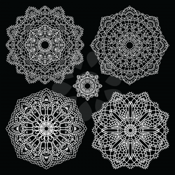 Vintage handmade knitted doily. Round lace pattern set. Vector illustration.