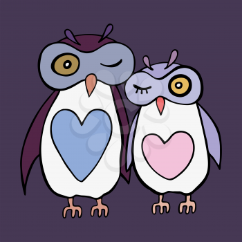Two cute decorative owls. Vector hand drawn cartoon illustration.