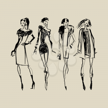 Silhouettes of Beautiful Women. Hand drawn ink Fashion illustration.