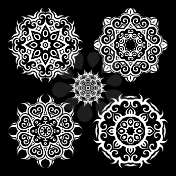 Mandala set. Circular ornament on black background. Ethnic vintage pattern collection.
