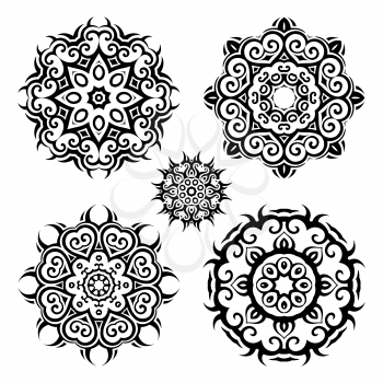 Mandala set. Circular ornament on black background. Ethnic vintage pattern collection.