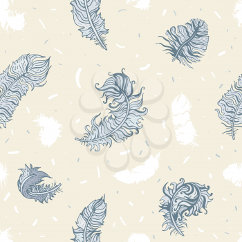 Vintage Feathers seamless background. Hand drawn illustration