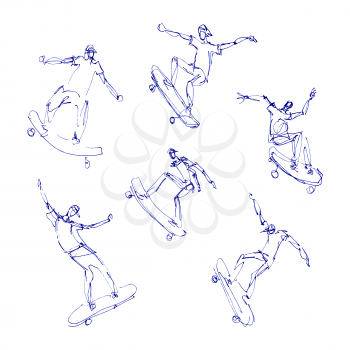 Skaters men. Sketches blue pen set. Hand drawn vector illustration.