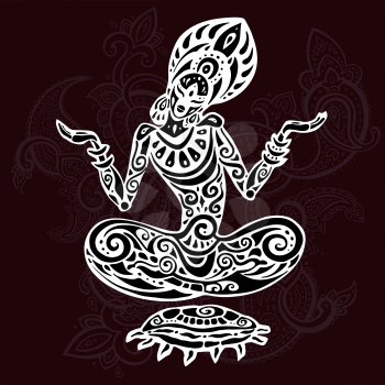 Yoga Meditation lotus pose. Hand Drawn Illustration. Polynesian style tattoo.