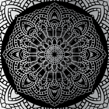 Silver mandala on black background. Indian pattern