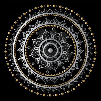Silver mandala on black background. Indian pattern