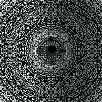 Silver mandala on black background. Ethnic vintage pattern.