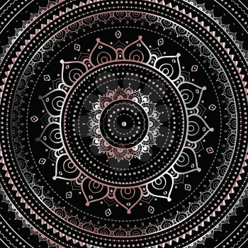 Silver mandala on black background. Indian pattern.
