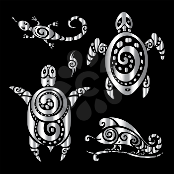 Turtle and Lizards. Tribal pattern. Polynesian tattoo style Vector illustration.