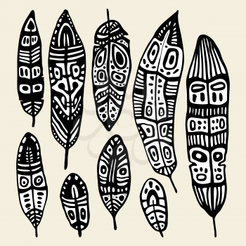 Ethnic Feather vector set. Hand drawn illustration.