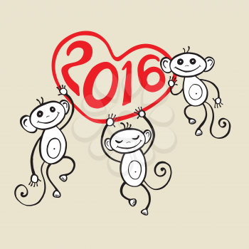 2016 New year. Chinese Animal astrological sign, Monkey. Hand drawn Vector Illustration