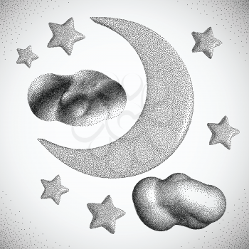Night Sky. Moon with Clouds. Halftone style. Vintage Hand drawn Vector Illustration.