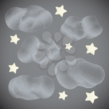 Stars with Clouds. Night Sky Halftone style. Vintage Hand drawn Vector Illustration.