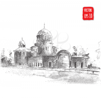 Cathedral building. Hand drawn architectural Vector illustration