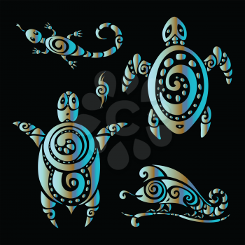 Turtle and Lizards. Tribal pattern. Polynesian tattoo style Vector illustration.