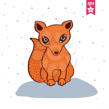 Cute red fox. Baby fox sitting in snowy forest. Colorful Vector illustration, Cartoon style. 