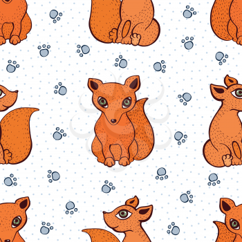Vector cute fox pattern. Seamless cartoon background. Sitting foxes