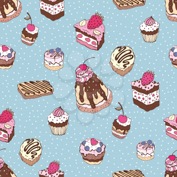 Seamless cupcake pattern. Yummy cute background. Hand drawn vector pattern.
