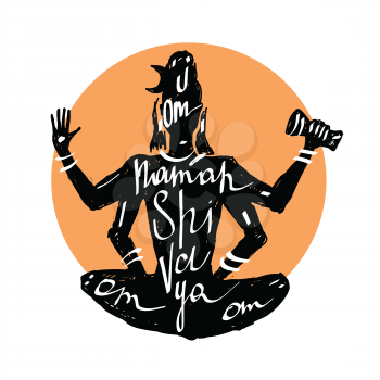 Lord Shiva Meditation in lotus pose. Yoga, Hand drawn Typography poster. 