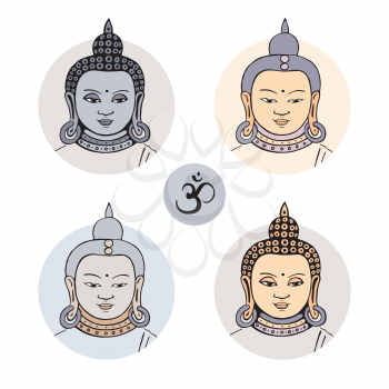 Hand drawn face of Buddha. Vector illustration, isolated on white background.