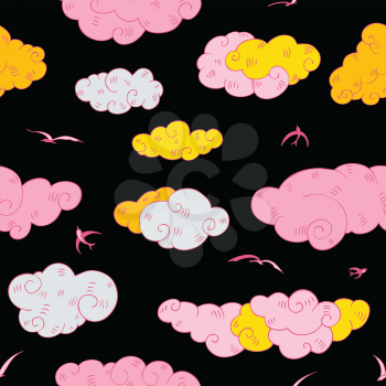 Colorful Clouds, seamless pattern. Hand drawn vector illustration