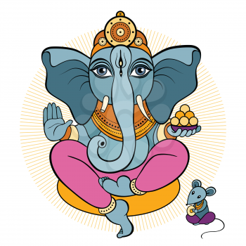 Ganesha and mouse. Vector hand drawn illustration