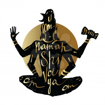 Yoga, Hand drawn Typography poster. Shiva Meditation in lotus pose.