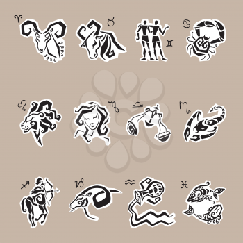 Zodiac icons. Freehand drawing. Zodiac sign silhouettes, set of horoscope symbols, astrology symbols set.