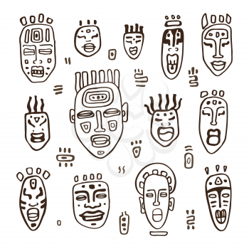 Set of African masks. Tribal masks on white background. Vector illustration isolated on white background.