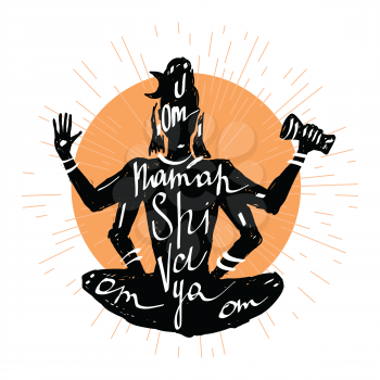 Lord Shiva Meditation in lotus pose. Yoga, Hand drawn Typography poster.
