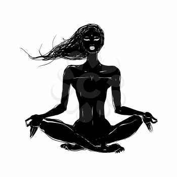 Yoga, Hand drawn vector illustration. Meditation in lotus pose. Padmasana silhouette of woman.