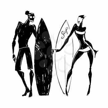 Surfer Silhouettes of woman and man. Hand drawn Vector illustration.